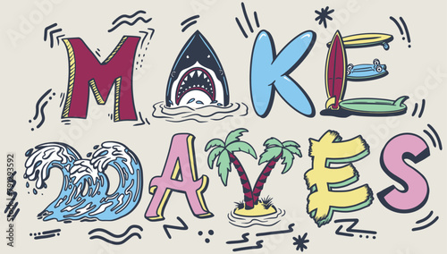 A surf slogan beach summer make waves typography palm tree shark surfboard graphic t-shirt placement vector artwork