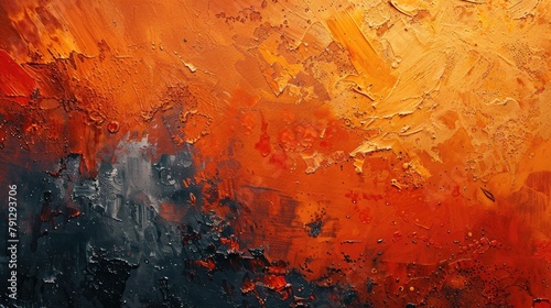 Close up view of abstract acrylic painting on canvas in burnt orange color with a grunge background