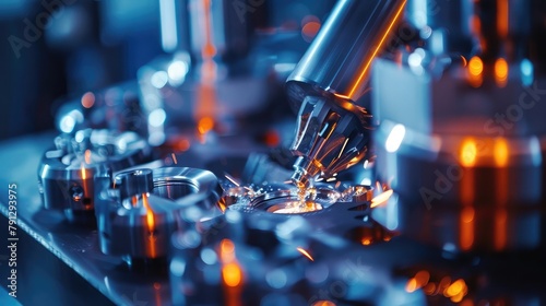 A close-up of precision cutting in a CNC machining center, with metal parts being shaped and milled with utmost accuracy. photo