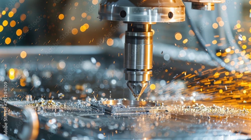 A close-up of precision cutting in a CNC machining center, with metal ...