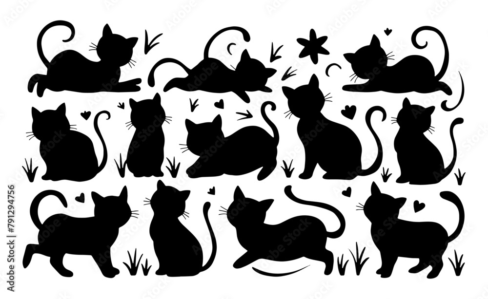 Delightful set of playful cat silhouettes, collection of black kitten figures in various whimsical poses, The silhouettes are drawn with a touch of elegance and charm, adding a sense of cuteness