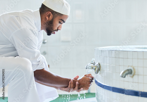 Photography Washing hands, muslim and man with cleaning tradition in bathroom for religion and prayer routine