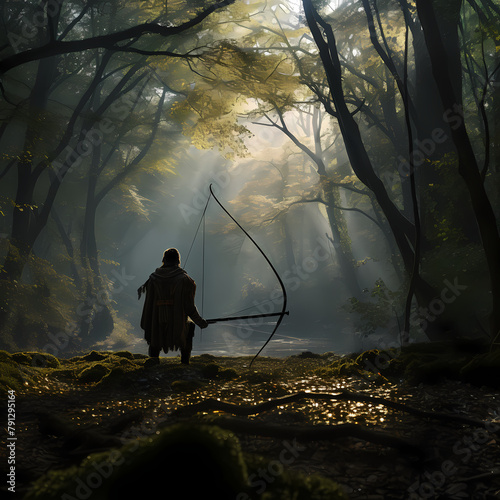 A person practicing archery in a forest.