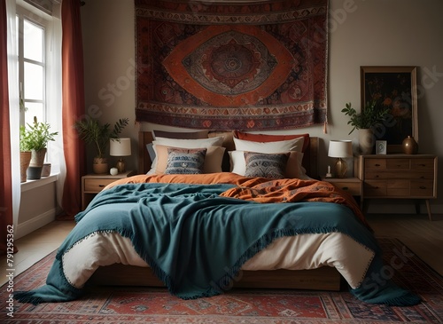 Comfortable bedroom in bohemian interior style with furnishing
