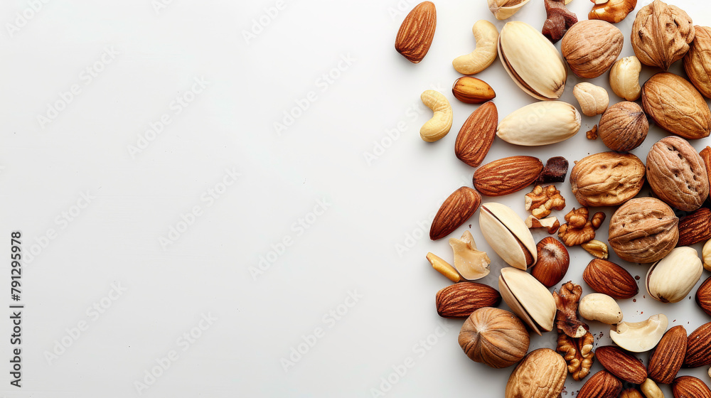 Assortment of Raw and Roasted Nuts on White Background