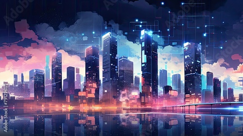 Abstract digital cityscape with skyscrapers and digital billboards © JogjaCrafta