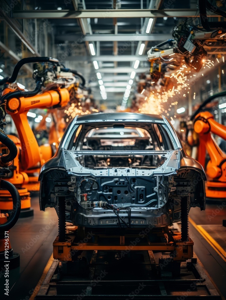 Car factory with robotic arms welding car body