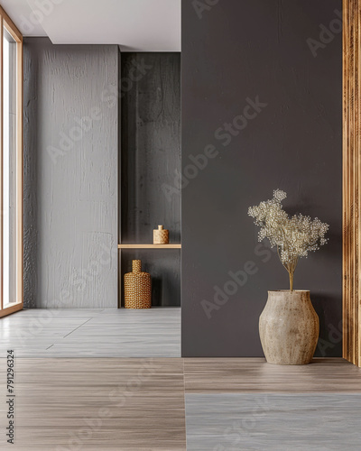Empty room in grey color with natural window light. Interiors composition for home decor