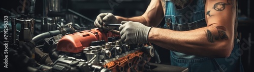 A mechanic works on a car engine.