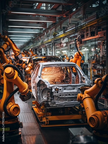 Auto manufacturing plant with robotic welders welding car bodies.