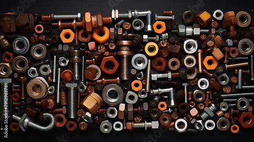 Nuts and bolts of various sizes and colors scattered on a black surface.