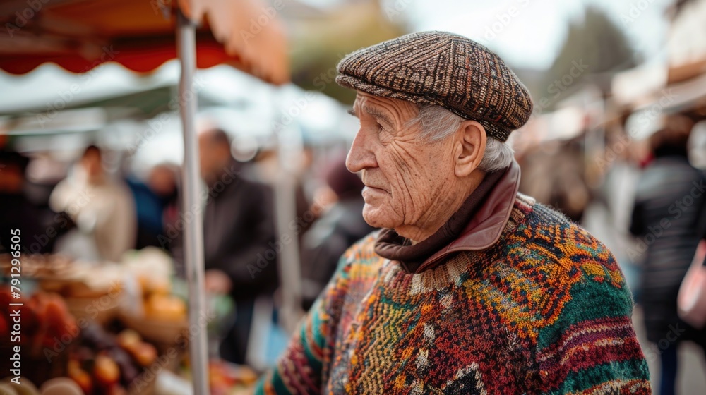Elderly Man in Colorful Sweater Visiting Rustic Outdoor Market