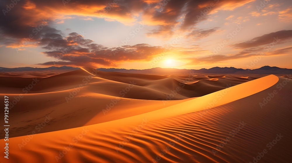 Sand dunes at sunset. Panoramic view of the Sahara desert