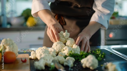 Professional Chef Preparing Fresh Cauliflower in Kitchen