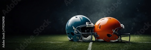 head American football helmets challenge match advertisement banner with statistics HUD information overlays with copy space photo
