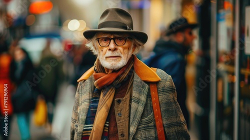 Stylish Senior Man in Hat and Glasses on City Street