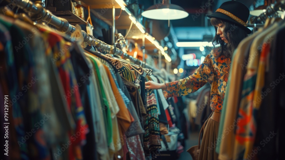 Vintage Shopping Adventure: Woman Scanning Through Thrift Store Finds