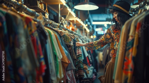 Vintage Shopping Adventure: Woman Scanning Through Thrift Store Finds
