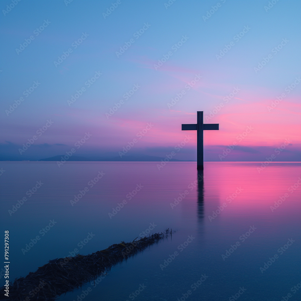 A large cross is floating in the water in front of a beautiful sunset A large cross is floating in the water in front of a beautiful sunset
