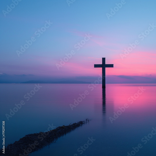 A large cross is floating in the water in front of a beautiful sunset