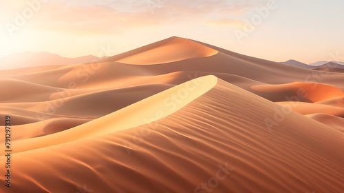 Desert sand dunes panorama at sunset. 3d render