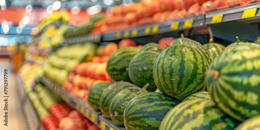 A row of ripe watermelons for sale in the vibrant produce section of a grocery store.