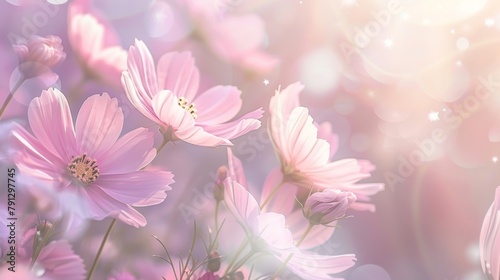 Ethereal cosmos flowers bathed in a soft pink light, creating a dreamlike garden scene.