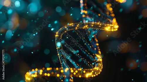 A digitally created image of a DNA helix, illuminated with blue and gold light against a dark background. photo