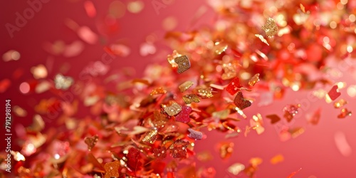 Festive background of scattered red and gold star-shaped confetti with a shimmering bokeh effect.