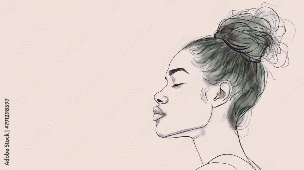 Graceful black and white line drawing of a woman's face in profile with eyes closed and hair in a bun. Graceful black and white line drawing of a woman's face in profile with eyes closed and hair in a bun.