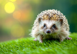 A close-up of a hedgehog on green grass, a small mammal known for its spiky coat. Hedgehogs are insectivores that help to control garden pests.