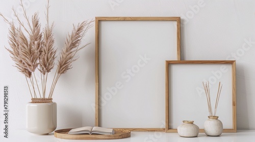 Minimalist interior design with two wooden frames, a vase with beige pampas grass, and a ceramic jug on a wooden tray.