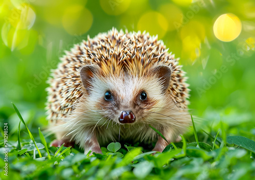 A close-up of a hedgehog on green grass, a small mammal known for its spiky coat. Hedgehogs are insectivores that help to control garden pests. photo
