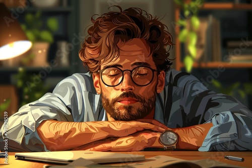 A man with brown hair and beard wearing glasses is sleeping at his desk. He has a watch on his left wrist. photo