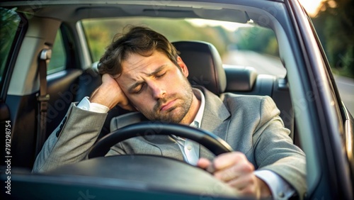 Tired businessman sleeping at the wheel of his car © 1000lnw