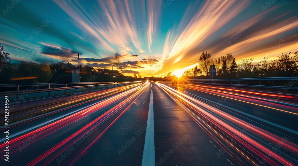 Light trails on a highway at sunset in blue and orange colors with a touch of yellow conveying a sense of speed and movement in a photography of long exposure