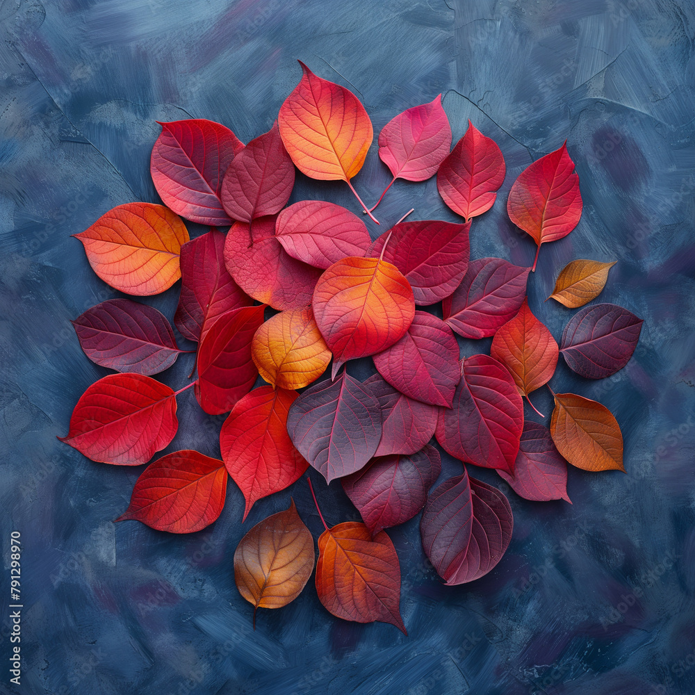 A close up of a bunch of red leaves on a blue background
