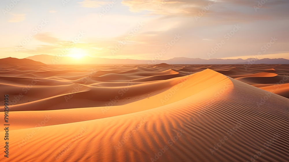 Panorama of sand dunes in the Sahara desert at sunset, Morocco