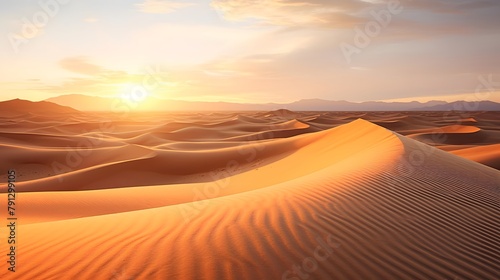 Panorama of sand dunes in the Sahara desert at sunset  Morocco