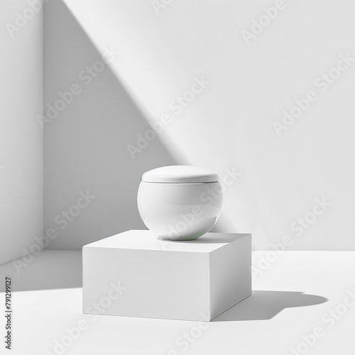 A white vase sits on a white pedestal in front of a white curtain