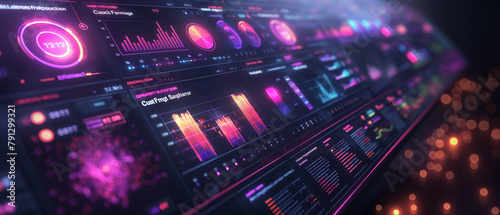 A computer monitor displays a number of colorful graphs and charts