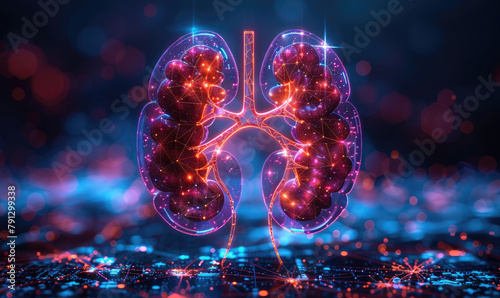 A 3D rendering of a pair of kidneys made out of tiny glowing particles.