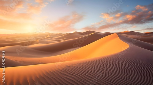 Desert dunes panorama at sunset. 3D Rendering