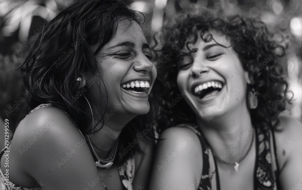 Fototapeta premium Two happy women friends laughing together in black and white