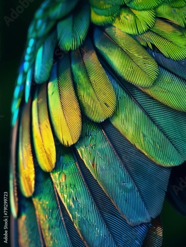 Colorful_detailed_iridescent_green_blue_yellow_feathers_of_a_bird_up_close