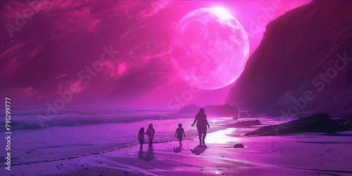 Family walking on beach at sunset with large pink moon in background in surreal landscape painting photo