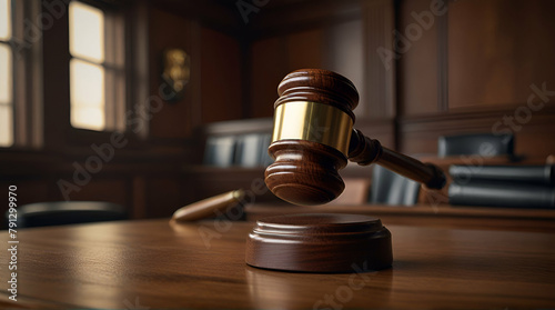 Create a visual concept featuring a gavel in a courtroom, symbolizing the essence of law and authority, Generative.AI 