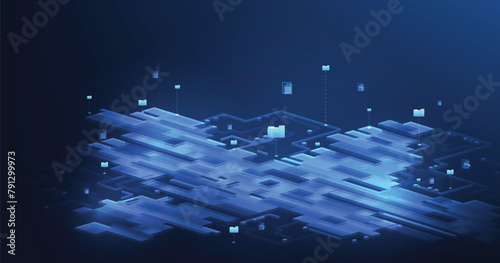 Document management, connection and digital document paperless operation concept. Document management and Data transfer through cloud technology with modern internet technology on a blue background.