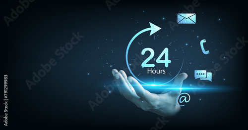 24-hour services concept. 24-hour circle arrow service icon vector illustration shows Customer service, Customer help, and Tech support on a dark blue background.