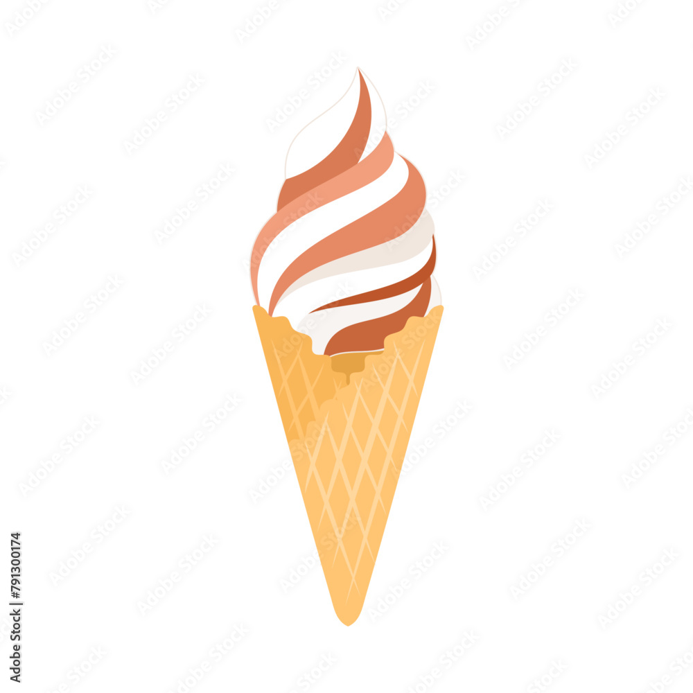 ワッフルコーンに入ったミックス味(チョコレートとバニラ)のソフトクリーム。フラットなベクターイラスト。
Soft serve ice cream with mixed flavors (chocolate and vanilla) in a waffle cone. Flat vector illustration. ワッフルコーンに入ったミックス味(チョコレートとバニラ)のソフトクリーム。フラットなベクターイラスト。
Soft serve ice cream with mixed flavors (chocolate and vanilla) in a waffle cone. Flat vector illustration.